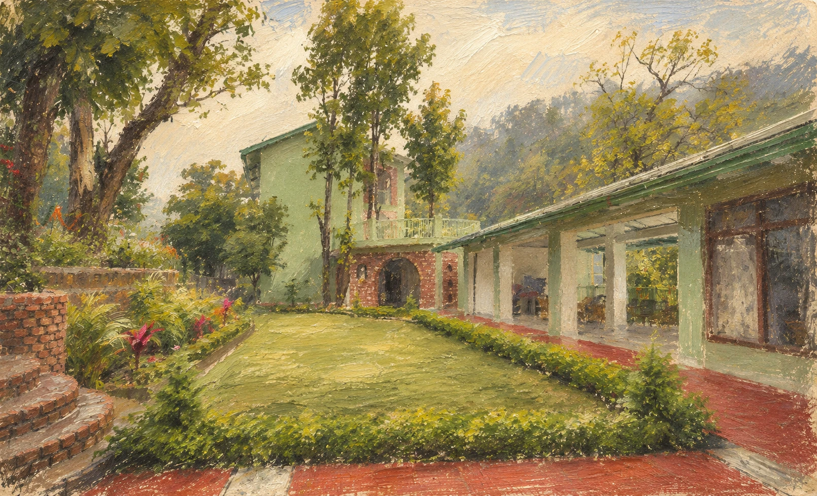 a loose painting of a green ashram courtyard in rishikesh, with a brick arch, shaded veranda and trees