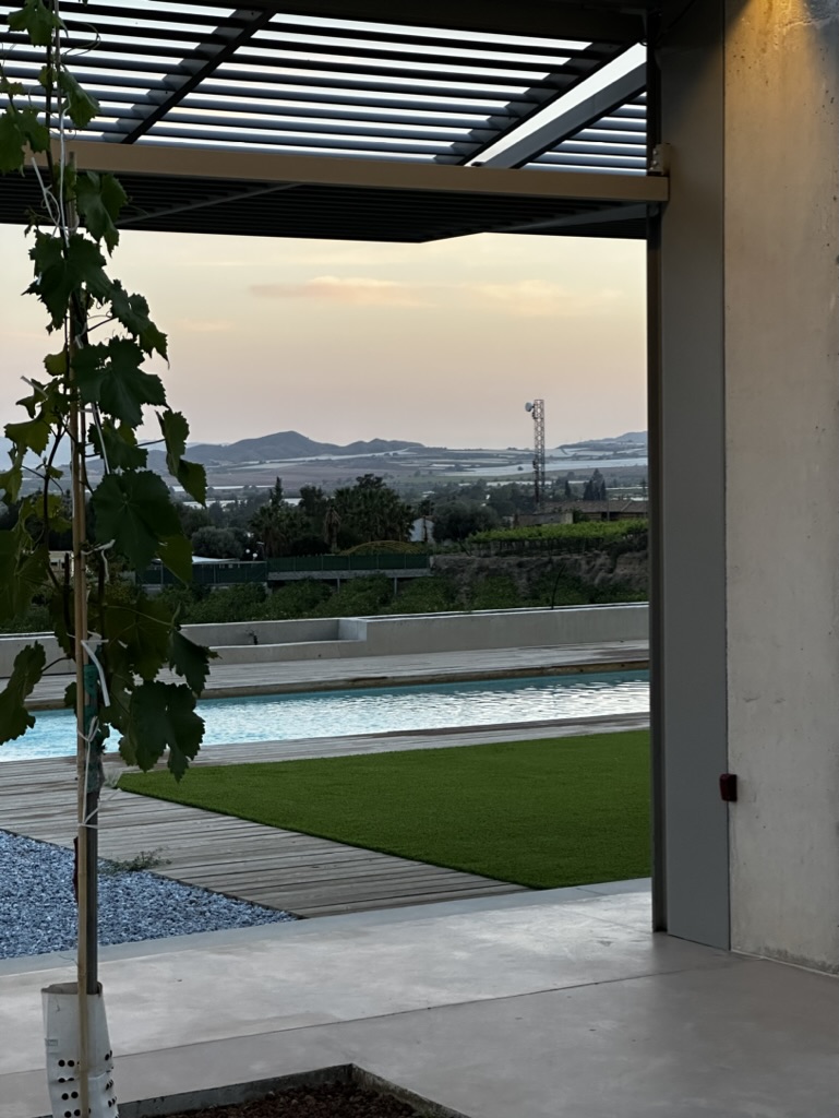 a pool and terrace at sunset